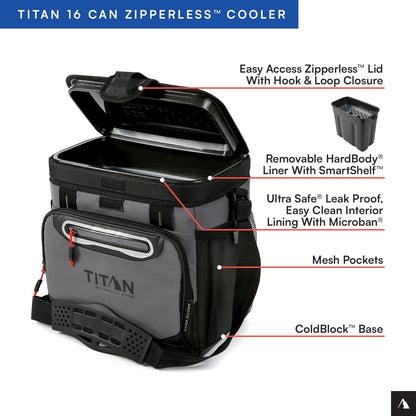 Titan by Arctic Zone Zipperless Soft Sided Cooler with HardBody Liner and SmartShelf, Insulated Bag with Shoulder Strap for Lunch and Travel, 16 Can Capacity, Sharkskin Gray