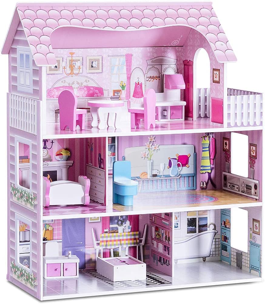Honey Joy 3-Level Wooden Dollhouse with 8 Pcs Furniture, Pretend Play Kids Doll's House, Princess Mini Toy Playset, Gift for Little Girls (Pink, 2.5FT)