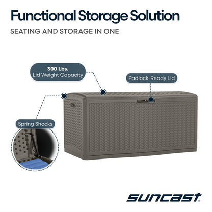 Suncast Extra Large Deck Box - 124 Gallon Resin Outdoor Storage Box with Lockable Lid for Outdoor Cushion Storage, & Garden Gear, Stoney Grey Wicker Bin for Patio, Porch, Pool, & Yard