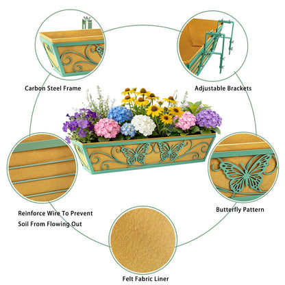 2 Pack 24 Inch Window Boxes Planter Railing Planters Box with Adjustable Brackets for Porch Deck Balcony Hanging Butterfly Decorative Flower Baskets & Non-Woven Fabric Liner for Outdoor Plants - Green