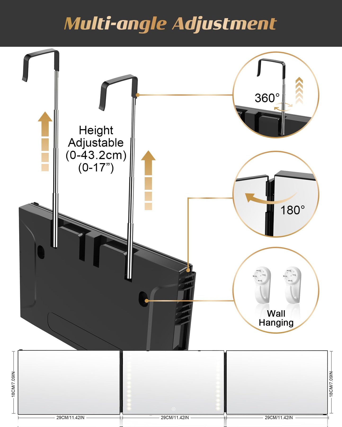JUSRON 360 Viewing Angle Self Hair Cutting Mirror, Clear Anti-Fog HD Glass (Black with LED with Accessories)