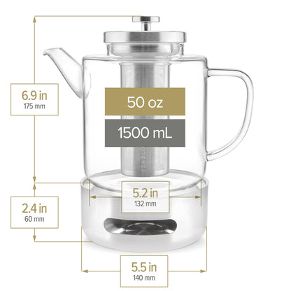 Teabloom Joyful Warmth Teapot with Tea Warmer – 50 oz (6+ Cups) Hand-Blown Borosilicate Glass, Stainless Steel Loose-Leaf Infuser, Heat-Resistant Kettle, Elegant Gift Set for Tea Lovers