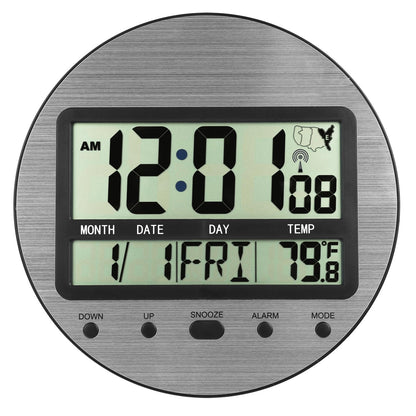 Atomic Digital Wall Clock Battery Operated, Self-Setting, Large Display with Temperature, Date, Day of The Week, Seconds, Round Wall Mount Digital Clock - 4 Time Zones, DST, Aluminum Metal Dial