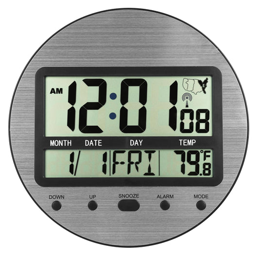 Atomic Digital Wall Clock Battery Operated, Self-Setting, Large Display with Temperature, Date, Day of The Week, Seconds, Round Wall Mount Digital Clock - 4 Time Zones, DST, Aluminum Metal Dial