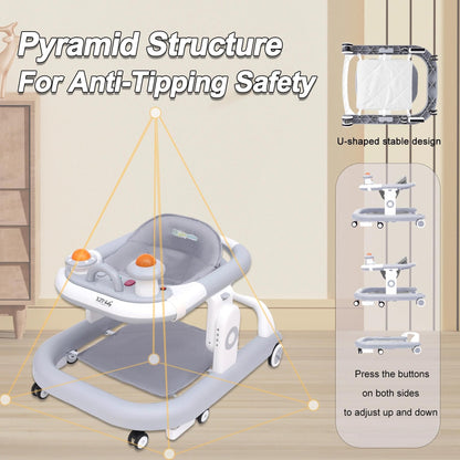 5-in-1 Baby Walker with Wheels Foldable Height-Adjustable Walker for Baby Boy 6-12 Months with Feeding Tray Multi-Functional Activity Center (Grey)