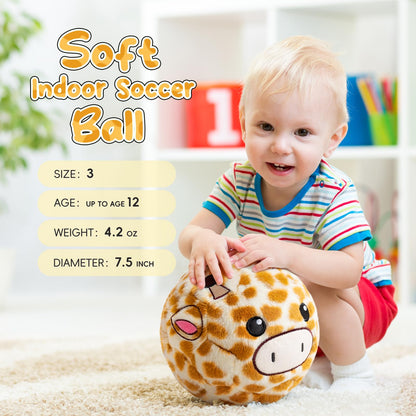 VangeBow Silent Indoor Soccer Balls for Toddlers 1-3, Inflatable Soft Plush Baby Toddler Soccer Ball Toys Gifts for Kid 3-5 Year Old Boy Girl First Birthday Gift (Giraffe, Pump Include)