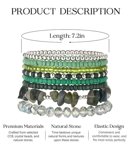 Noessla Boho Beaded Bracelets for Women Stackable Irregular Natural Stone Bead Stretch Bracelet Set 8PCS Costume Jewelry Gifts for Her(Green)