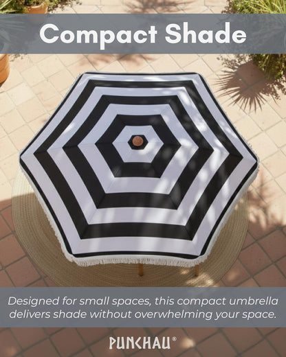 Punchau 6 Ft Fringe Patio Umbrella - Outdoor Umbrella for Patio, Pool, Table, Garden, Deck, & Beach - Push Button Tilt Pole - Fashionable Boho Vintage Tassels & Wood Print - Black & White