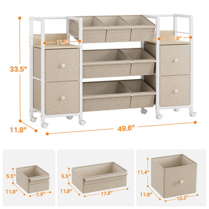 Kids Toy Organizers and Storage Bins - 7 Storage Bins + 4 Fabric Drawers + 2 Bookshelf, Playroom Storage, Mobile Cart Organizer for Toy, Clothes, Blankets and Books - Off White