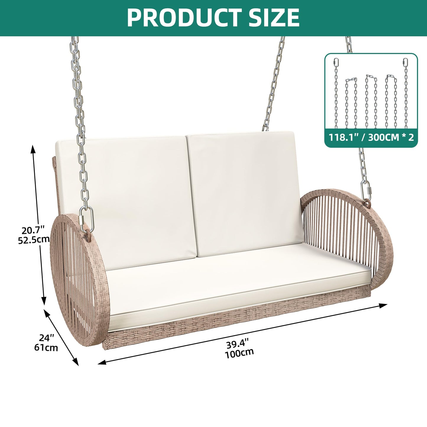 YITAHOME Hanging Porch Swing Chair Sits 2 People, Beige