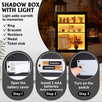 Shadow Box 14x11 Black Picture Frames Display Cases with LED Light,Memory Keepsakes Boxes with 4 Removable Trinket Shelf,for Anniversary Wedding Baby Graduates Memorial Collect-Distressed Retro