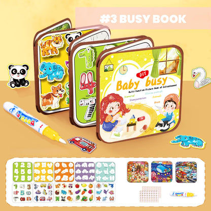FZRMU Toddler Water Doodle Book Set for Ages 1-3, Mess Free Travel Activity Set with 2 Reusable Water Coloring Books, 1 Sticker Busy Book, Water Pens & Cards, Learning Toy for Car Rides Airplane