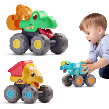 iPlay, iLearn 3PCS Dinosaur Monster Truck Toy, Baby Pull Back Car, Push Go Dinosaur Construction Trucks, BigWheel Play Vehicles, Birthday Gift 12-18-24 Month Toddlers 1-3, 2-4 Year Old Boy Kid Girl