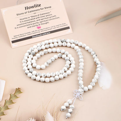 AD Beads 8mm 108 Prayer Mala Howlite Elastic Bracelet - Calmness for Sleep - Handmade Yoga Meditation Healing Power Energy Gifts for Unisex Adult.