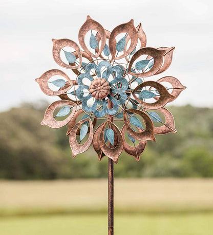 Mesmerizing Copper Lily Wind Spinner Dual-Tone | Petal-in-Petal Design | Independent Rotors | Brushed Copper & Antique Blue |All Seasons | 24" Wx75 H