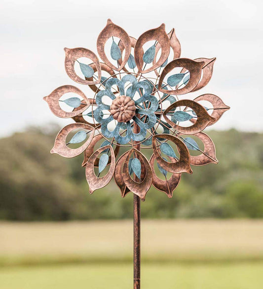 Mesmerizing Copper Lily Wind Spinner Dual-Tone | Petal-in-Petal Design | Independent Rotors | Brushed Copper & Antique Blue |All Seasons | 24" Wx75 H