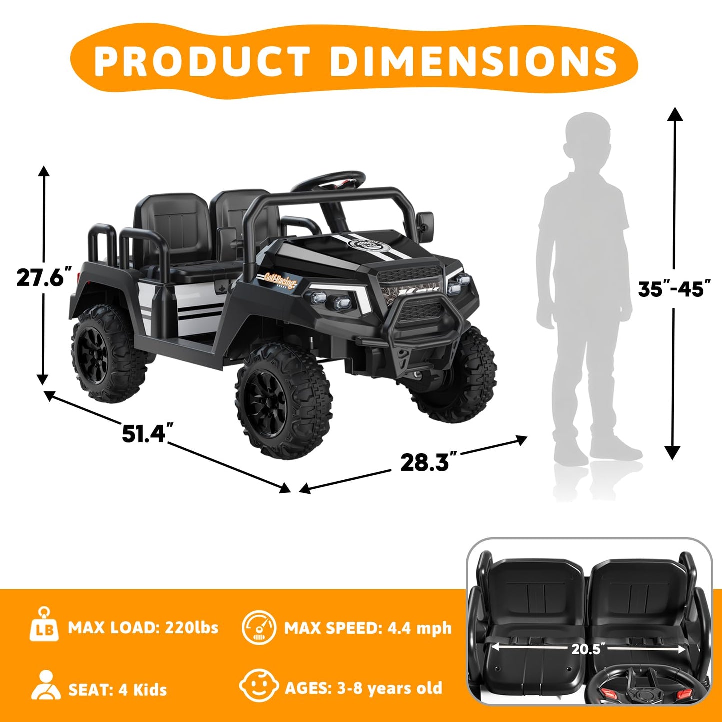 Electric Car for Kids, 24V 4 Seater Ride on Toys w/Parent Remote, 4 Wheeler Suspension, Max 220lbs Weight Capacity, USB, Music, Radio, LED Light, Ride on Truck for Boy/Girl Ages 3-8,Black