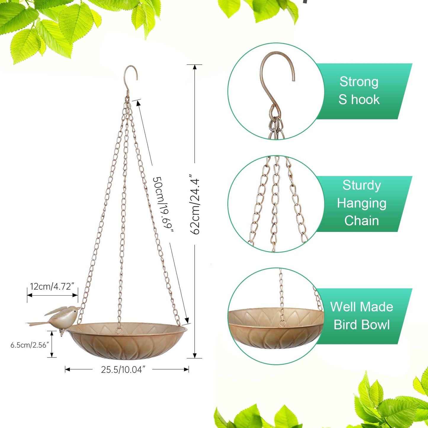 Hanging Bird Bath for Outside, 2 Pack Metal Birds Feeder & Water Bowl with Chains and S-Hooks,Birdbath Hanging for Outdoors Bird Feeder Seed Tray Garden Yard Decor (Rustic Gold)