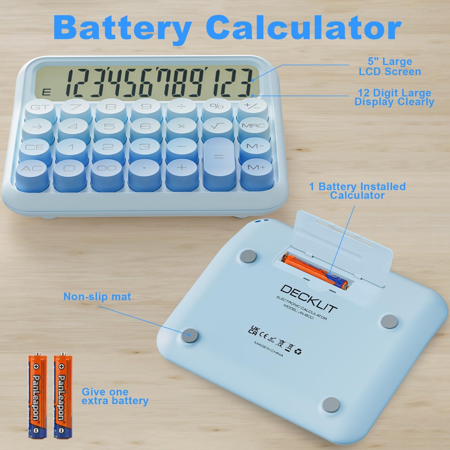 DECKLIT Battery Desk Calculator - 12 Digit, Extra Large 5-Inch LCD Display, Big Buttons, 15 Tilt Screen, Kids Calculator (Pink)