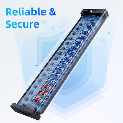 Powered USB Hub 10Gbps, 17 Ports 96W USB 3.2 Hub(10 USB-A 3.2 Ports+3 QC 24W Fast Charging Ports+2 USB-C 3.2 Ports+SD/TF Card Reader), 12V/8A Power Adapter for Laptop, PC, Computer, HDD,Flash Drive