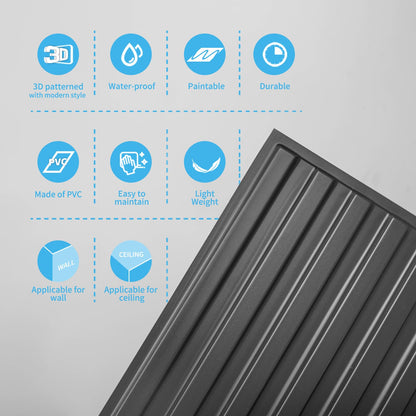 Art3d 6-Pack Slat Design 3D Wall Panels for Interior Wall Decor, 2x4 FT PVC Decorative Drop Ceiling Tiles - Black