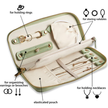 FEMIECHO Travel Jewelry Organizer Case - for Tangle-Free Necklaces, Earrings, Rings, Bracelets Storage, Travel Essentials, Fashion Portable Jewelry Travel bags for Women - Medium Macaron Green
