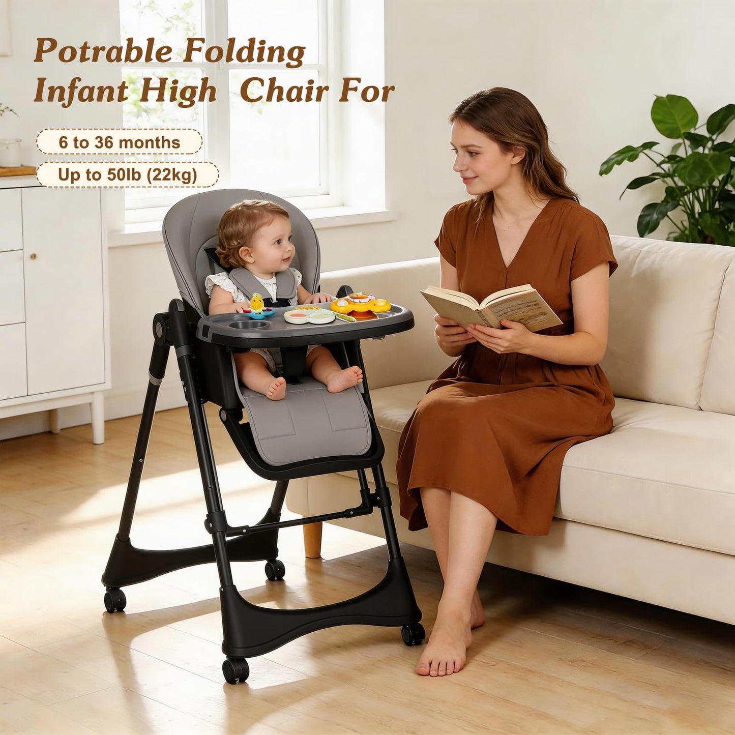 3-in-1 Baby High Chair with Soothing Rocker | Convertible Baby High Chair for Babies and Toddlers | Brake Wheels, Easy Clean, Space Saving | Adjustable, Removable Tray (Dark Grey)