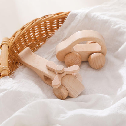 Wooden Baby Car and Airplane Toys,Wood Push Car for Toddler Montessori Baby Grip Toy Car,Gifts for Boys and Girls,Push and Pull Toy Car 2 Pieces