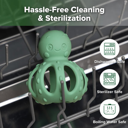 haakaa 2-in-1 Baby Teething Toy,Octopus Teether with Gentle Rattle,Soft Textured Teether for Sore Gums,Easy to Grasp Sensory Toy for Babies 3M+,Pea Green