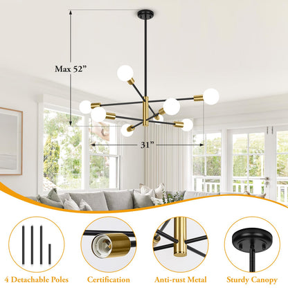 BesLowe 31‘’ 8-Light Modern Sputnik Chandelier, Mid Century Black & Gold Chandeliers Lighting, Farmhouse Ceiling Hanging Light Fixture for Dining Room Bedroom Room Kitchen Foyer, Height Adjustable