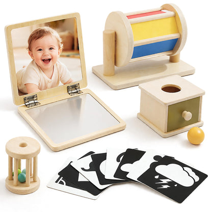 Montessori Toys for Babies 0-6 6-12 Months, Sensory Developmental Baby Toys, Tummy Time Toy - 5 in 1 Wooden Learning Toy Set, High Contrast Cards, Mirror & Spinning Drum for Newborn Infant Gift