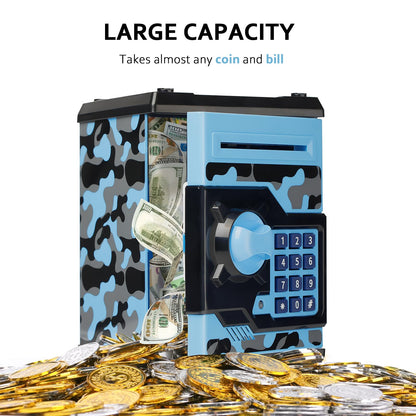 ATM Piggy Bank for Boys Girls, Vcertcpl Mini ATM Coin Bank Money Saving Box with Password, Kids Safe Money Jar for Adults with Auto Grab Bill Slot, Great Gift Toy Bank for Kids (Camouflage BlueGray)