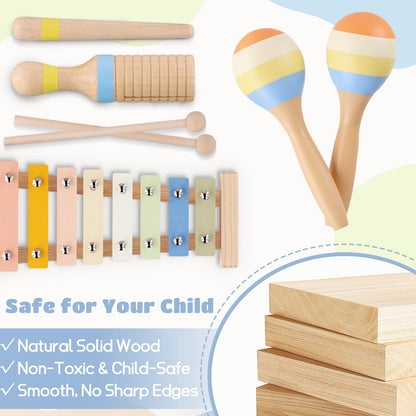 Baby Musical Instruments, Montessori Wooden Musical Toys for Toddlers 1–3, Xylophone Tambourine Triangle Maracas, Wooden Baby Instruments, Kids Preschool Educational Toys, Birthday Gift for Boys Girls