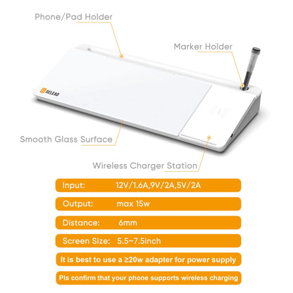 SELEAD Desktop Glass Whiteboard with Wireless Charger Station, Dry Erase Board Computer Pad Keyboard Stand with Organizer Drawer for Home, School, Office Desk Accessories, White