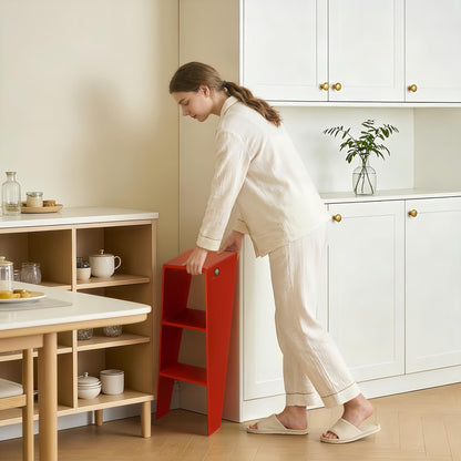 HOTEAGLE Modern Folding Chair - Multifunctional Design Doubles as Step Stool & Storage Shelf, Sturdy Engineering Plastic for Kitchen, Dining & Bistro,Red