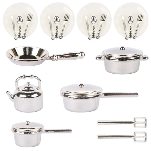 26 Pieces Dollhouse Miniatures Kitchen Set Metal Miniature Baking Set Include Mini Pots Mini Pans Plates Knife Fork Spoon for Dollhouse Party Decoration Supplies