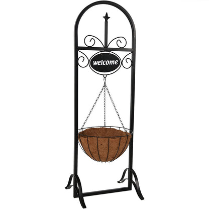 Sunnydaze Hanging Basket Planter Stand with Decorative Welcome Sign - 48-Inch Tall