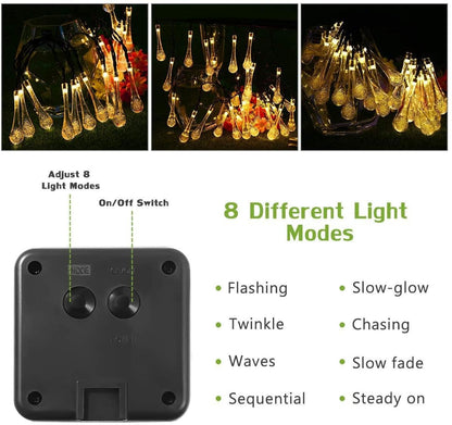 EONSMN Solar String Lights Outdoor Waterproof 19.6 Feet 30LED 8 Functions,Teardrop Water Drop Solar Lights, Garden Terrace Patio Tree Party Christmas Decoration (Warm White)