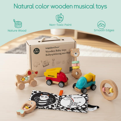 Wooden Baby Toy 6pcs, Montessori Toys for Babies 1-3 Years Old, Wooden Rattles Soft Book Car Toy Set for Infant Grasping, Sensory Development, Gift for Baby Boys Girls