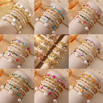 SHINUS BOHO 14K Gold Beaded Blue Clover Stackable Bracelets for Women,7PCS/Set Boho Cross Pearl Beads Stretch Bracelets Stack Fashion Holiday Birthday Prom Jewelry Accessories Gift Friendship Sister