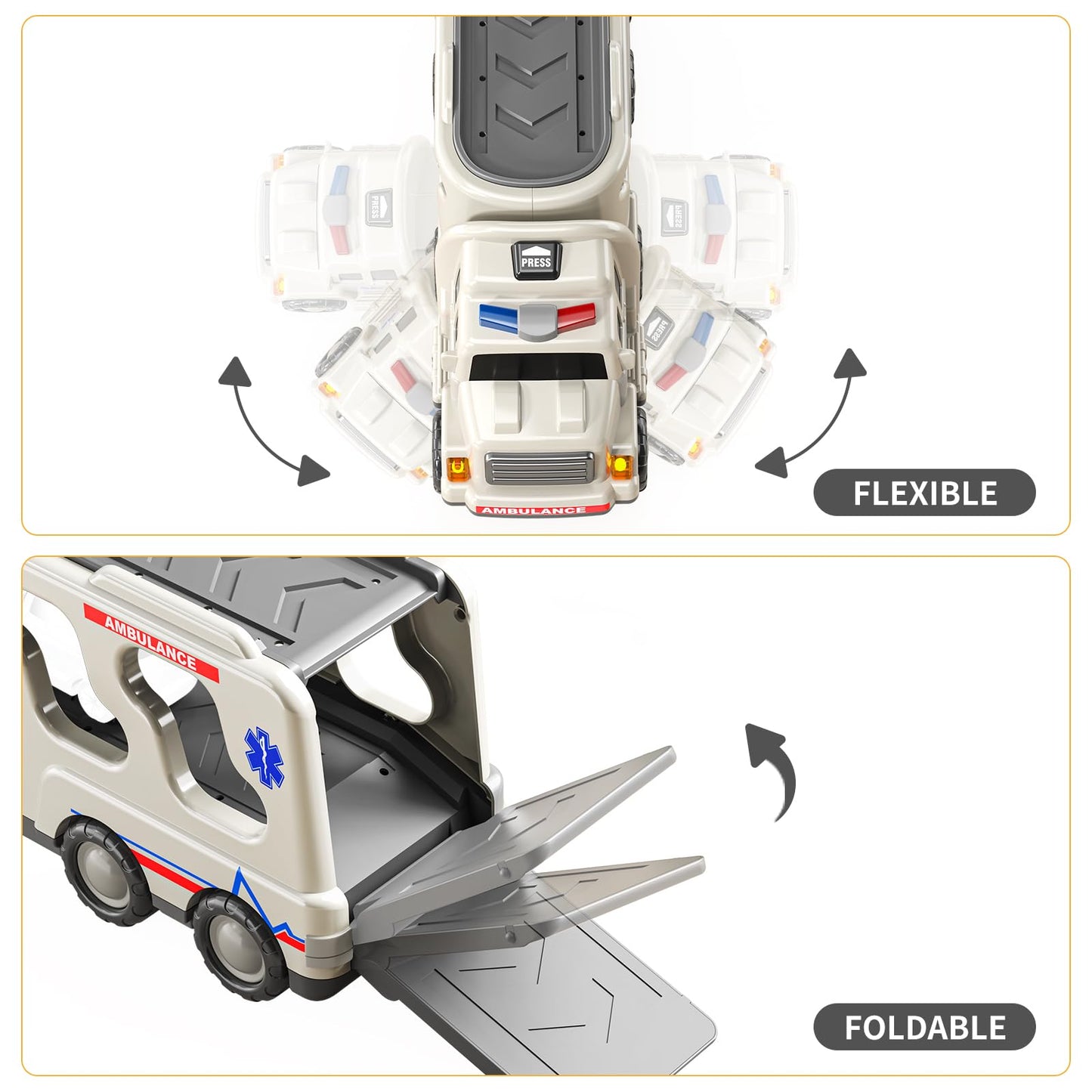 TEMI 5 Pack Ambulance Vehicle Toddler Truck Toys for 3 4 5 6 Year Old Boys, Friction Powered Cars with Toy Helicopter, Police Car, Fire Truck, Ambulance Car, Birthday Gifts for Girls Age 3-9