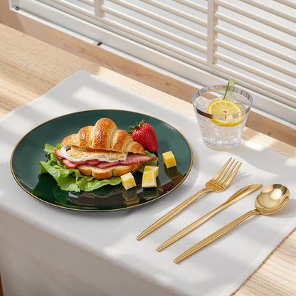 bUCLA 150PCS Green Plastic Plates - Green and Gold Disposable Include 25 Each (Dinner & Dessert) Plates, 25 Knives, 25 Forks, 25 Spoons and 25 Cups, Ideal for Party&Christmas