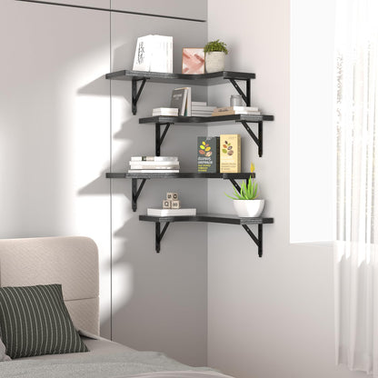 ROMGUAR CRAFT Corner Floating Shelves Wall Mounted Set of 4, Rustic Wood Storage Display Shelves for Home Decor, Bathroom, Kitchen, Bedroom, Living Room, Office (Black)