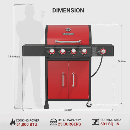 HUGROVE 4 Burner Propane Gas Grill with Side Burner, 601 Sq. In. Cooking Area with Warming Rack 51,000 BTU BBQ Grill with Porcelain-Enameled Cast Iron Grates for Outdoor Cooking