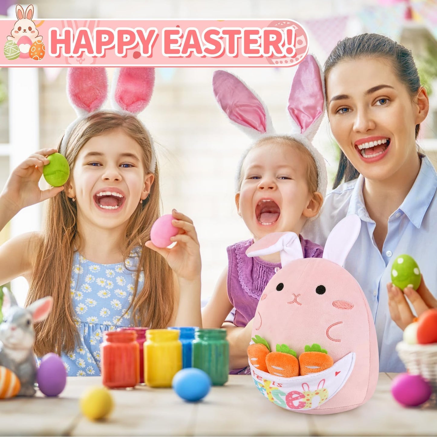 Prewplam Easter Bunny Stuffed Animal, Soft Bunny Plush with 3 Pcs Carrot Stuffed Animals, Cute Rabbit Plush Toys Gifts for Kids Girls Boys (Pink)