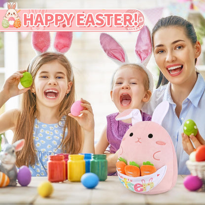 Prewplam Easter Bunny Stuffed Animal, Soft Bunny Plush with 3 Pcs Carrot Stuffed Animals, Cute Rabbit Plush Toys Gifts for Kids Girls Boys (Pink)