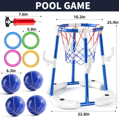 NIPLOOOW Pool Basketball Hoop, 2-in-1 Floating Pool Toys Ring Game with 4 Balls and Pump, Outdoor Swimming Pool Basketball Games Water Play Toy Family Party for Kids Adults Age 3-12 (Blue)