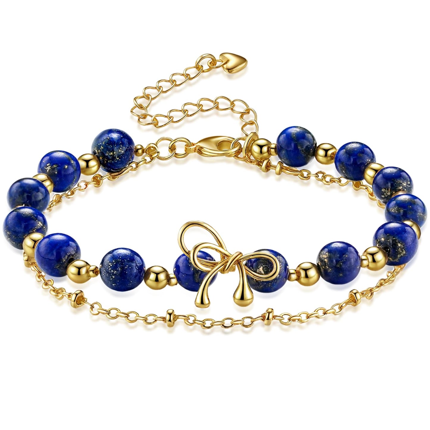 NeoHundreds Luxury Handmade Lapis Lazuli Bracelet Natural Crystal Gemstone 14K Gold-Plated Chain With Bow,Elegant Unique Jewelry Gift Ready for Woman Her Girlfriend Daughter Mother Day