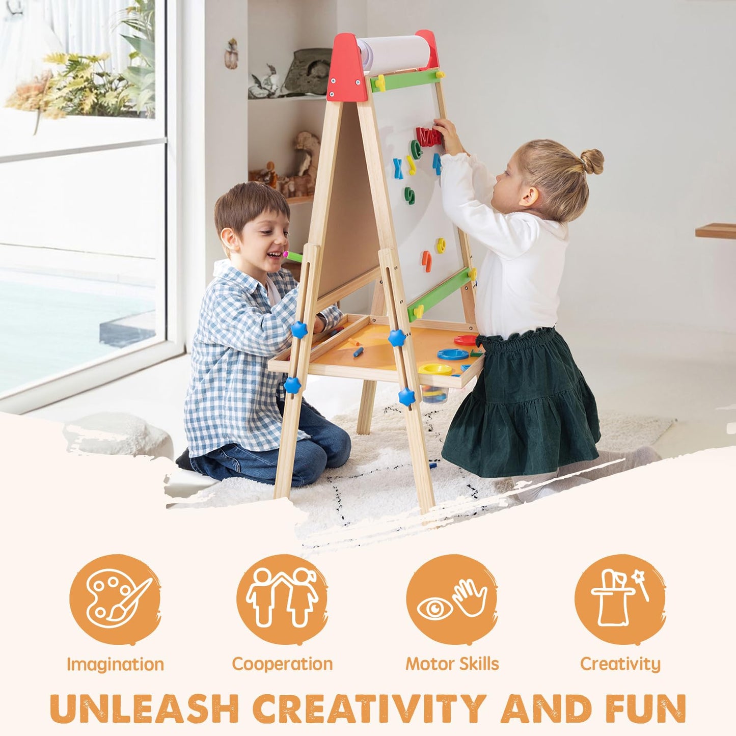 Tiny Land Easel for Kids with 2 Drawing Paper Roll, Adjustable Kids Art Easel, Learning-Toy for 3,4,5,6,7,8 Years Old Boy & Girls, Wooden Chalkboard & Magnetic Whiteboard & Painting Paper Stand