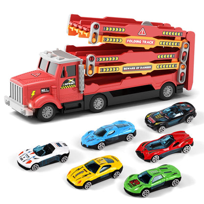 HONGTUO Toy Truck for Kids Truck Race Track with 6 Cars, 2-Player Racing Mode, Lights & Sounds, Ideal Christmas or Birthday Present for Toddlers Age 3 4 5 6+Years Old Boys Girls